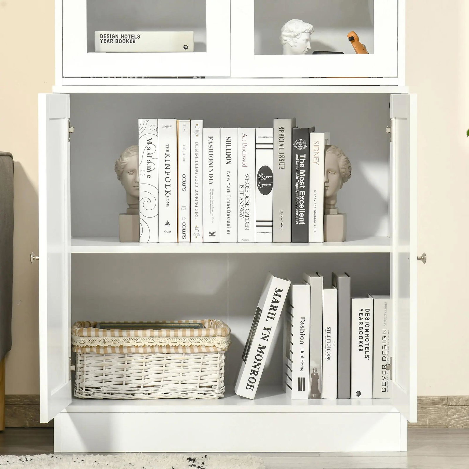 Vitrine para Sala de Estar Estante de Livros com 4 Portas e Prateleiras Superiores com Altura Ajustável Estilo Moderno Multiúso