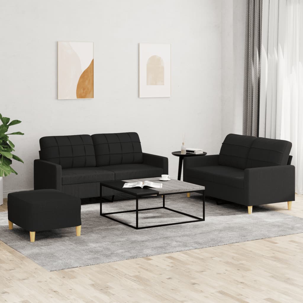 3 Pcs conjunto de sofás com almofadões tecido preto
