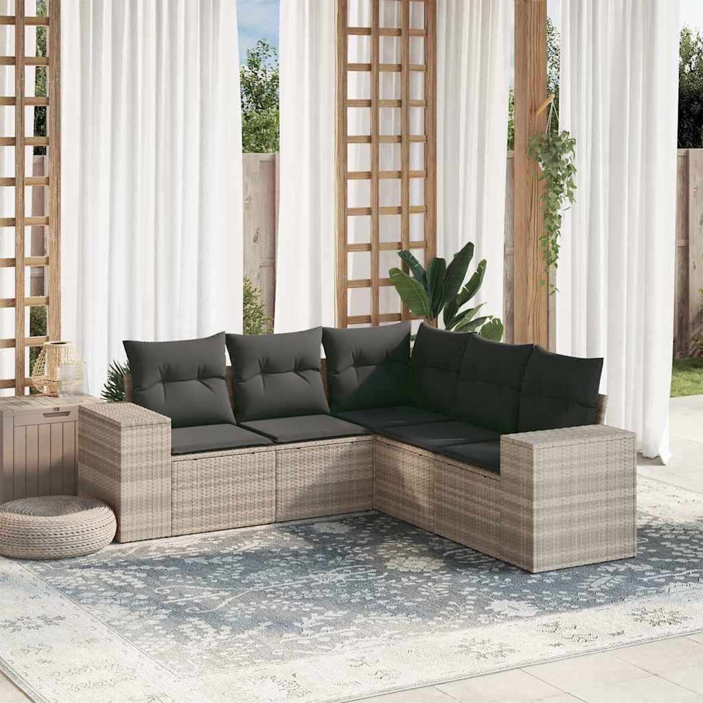 5 Pcs conj. sofás jardim c/ almofadões vime PE cinzento-claro
