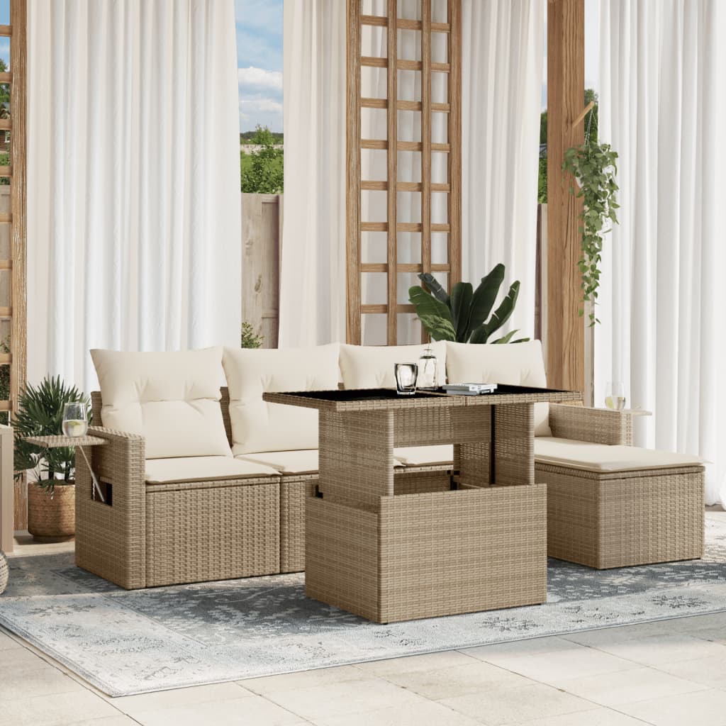 6 Pcs conjunto de sofás p/ jardim com almofadões vime PE bege