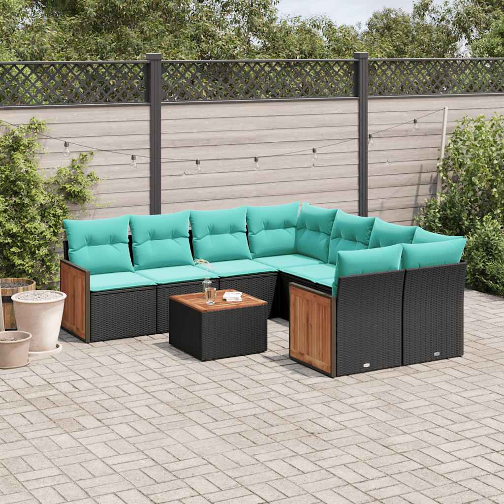 Conjunto de sofá de jardim de 9 peças com almofadas em rattan sintético preto