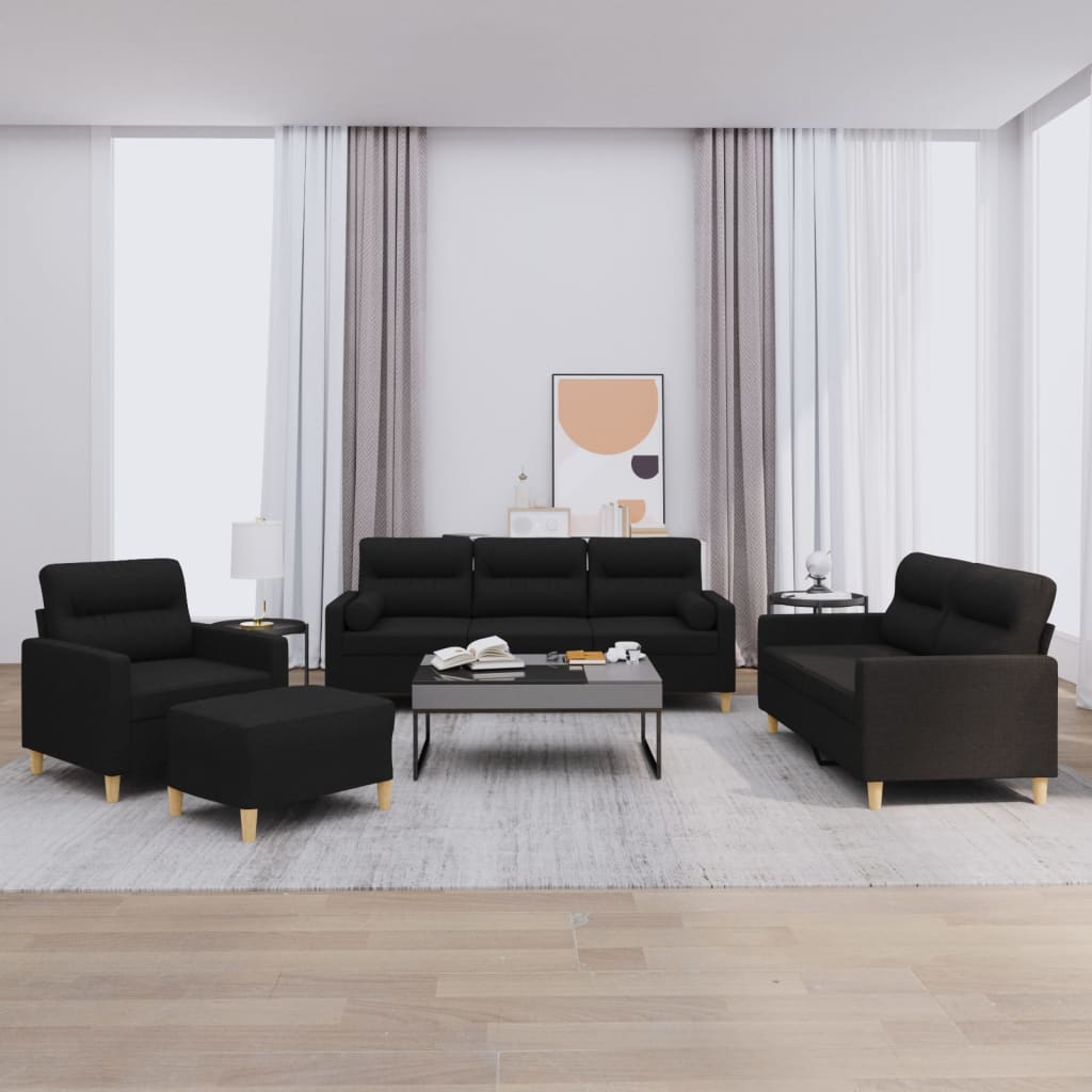 4 Pcs conjunto de sofás com almofadas tecido preto