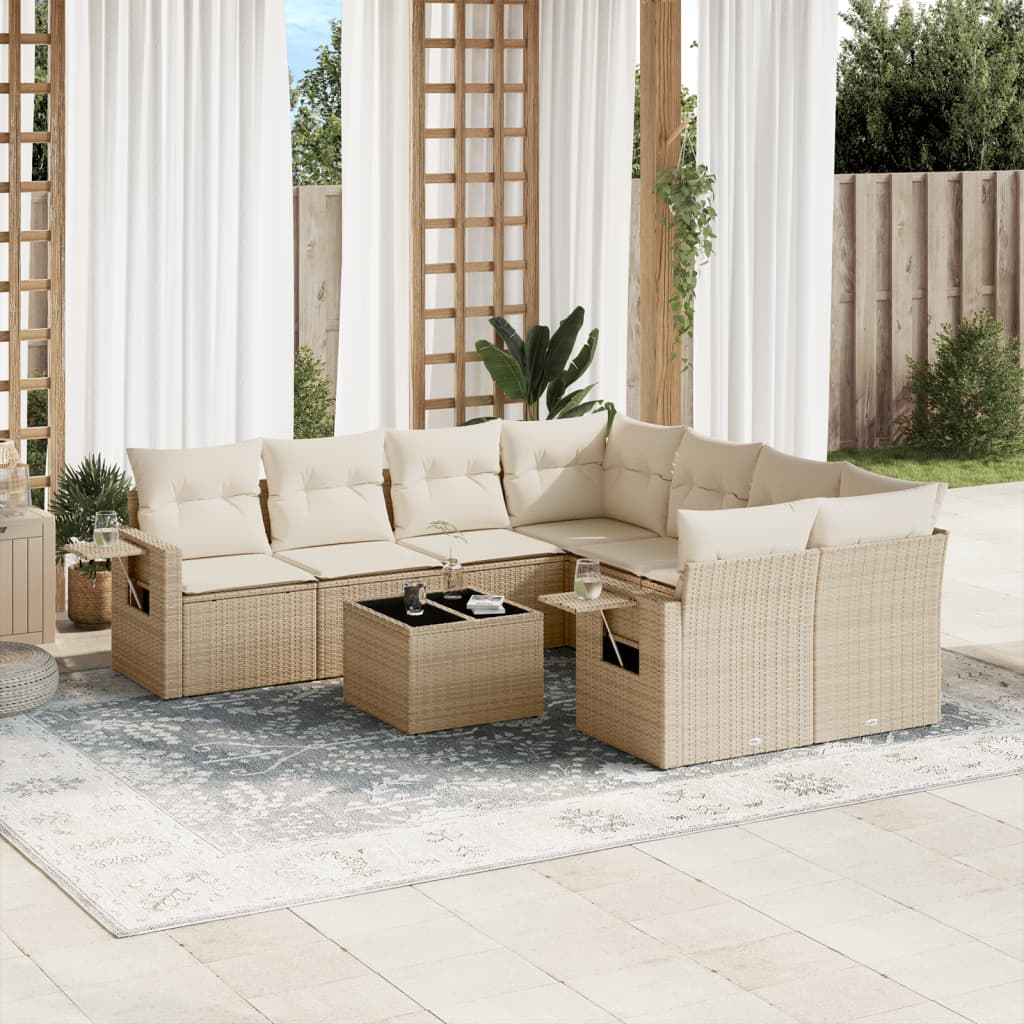 9 Pcs conjunto de sofás p/ jardim com almofadões vime PE bege