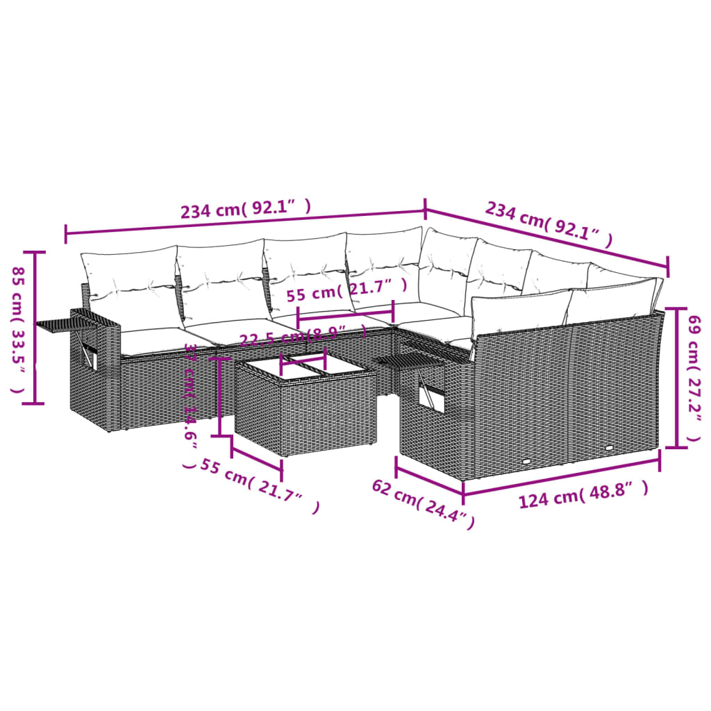9 Pcs conjunto de sofás p/ jardim com almofadões vime PE bege