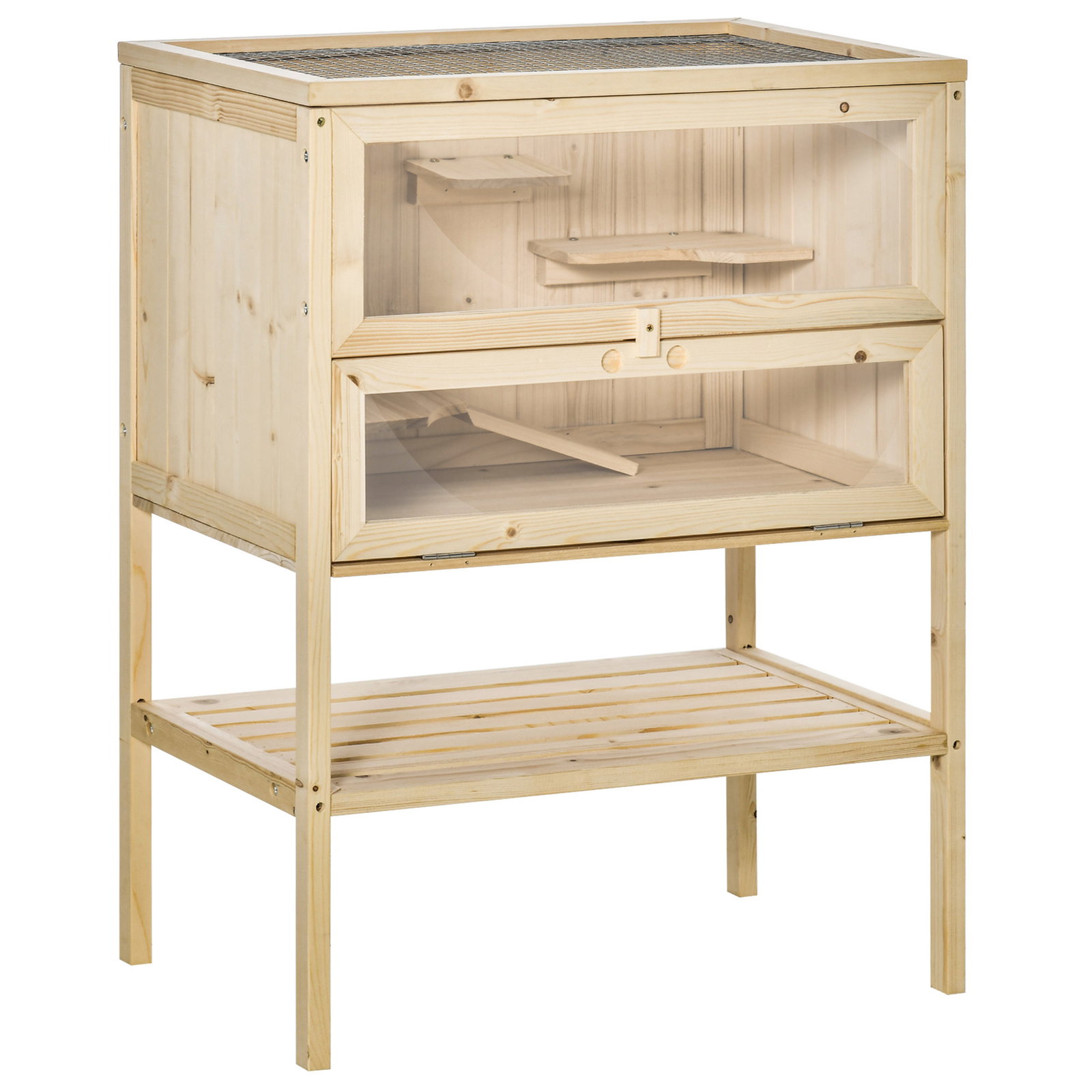 Gaiola de Madeira para Hamster com 5 Plataformas Rampa Dobrável Janela de Acrílico e Prateleira Inferior 60x40x80 cm Madeira Nat