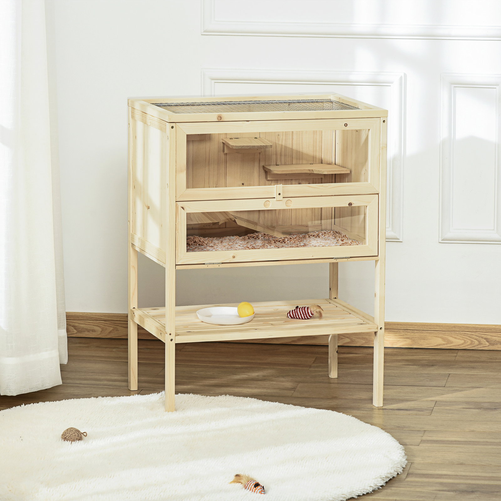 Gaiola de Madeira para Hamster com 5 Plataformas Rampa Dobrável Janela de Acrílico e Prateleira Inferior 60x40x80 cm Madeira Nat