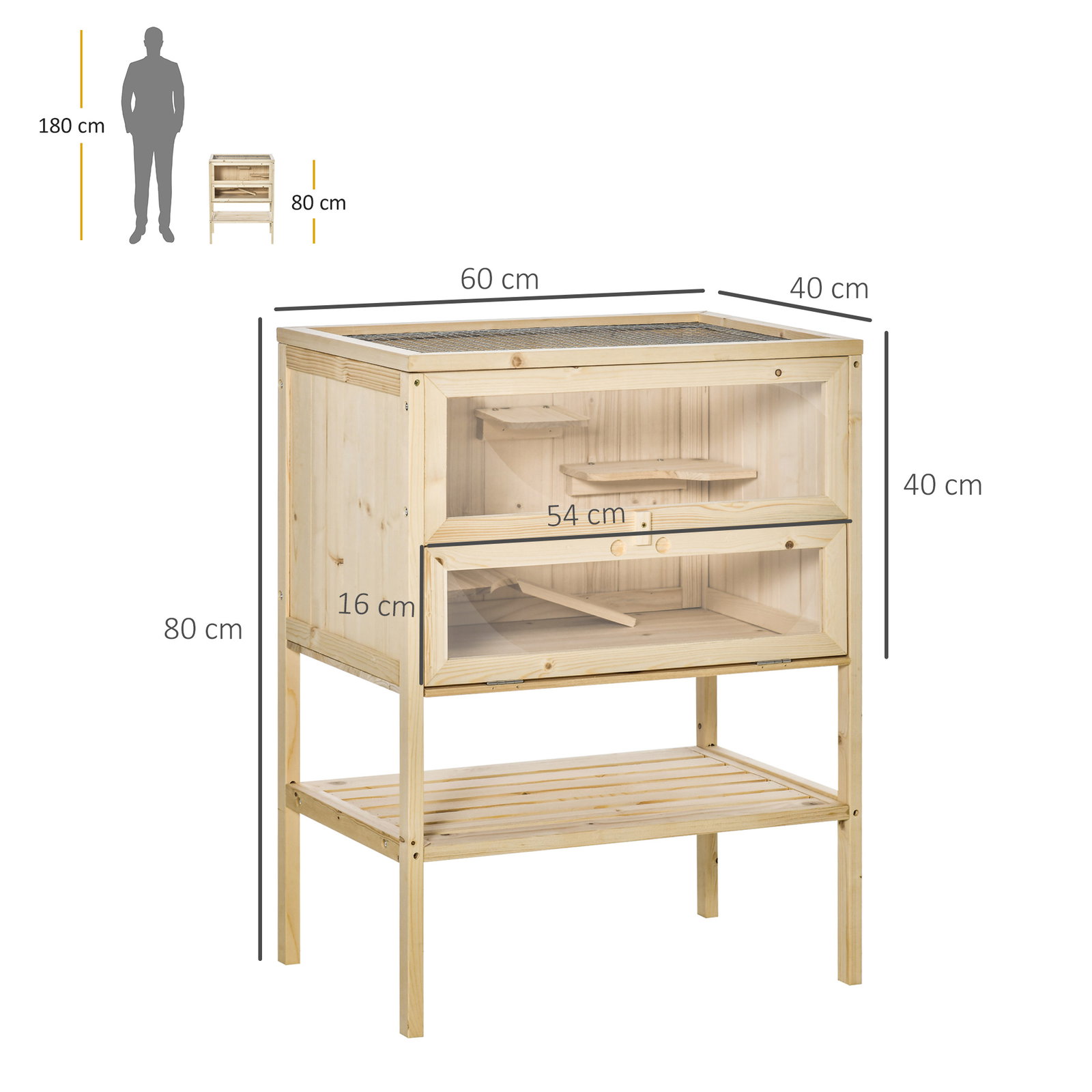 Gaiola de Madeira para Hamster com 5 Plataformas Rampa Dobrável Janela de Acrílico e Prateleira Inferior 60x40x80 cm Madeira Nat