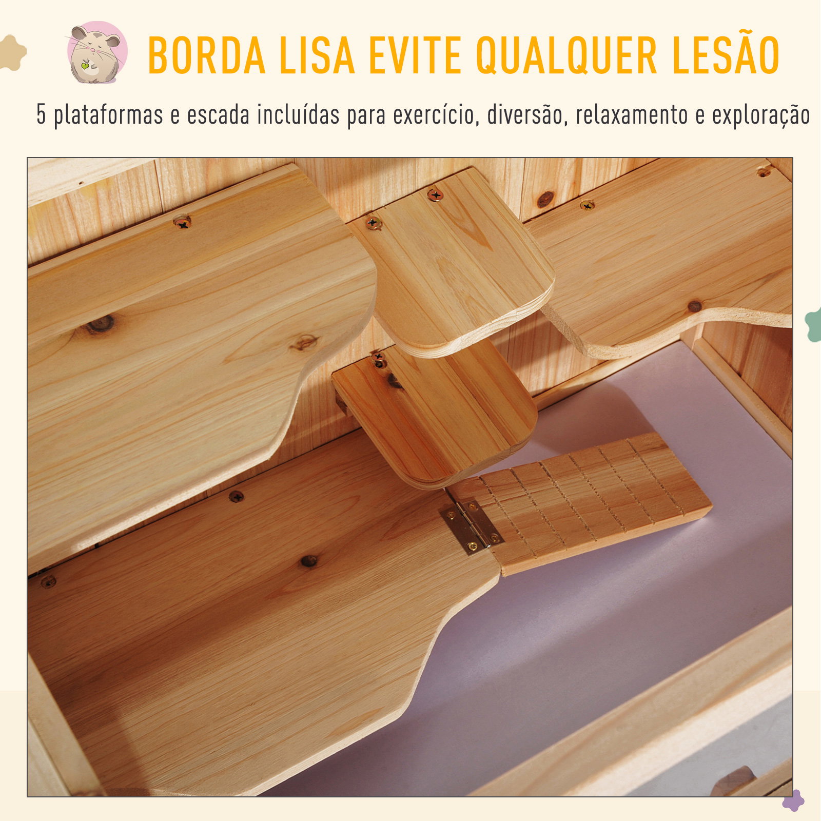 Gaiola de Madeira para Hamster com 5 Plataformas Rampa Dobrável Janela de Acrílico e Prateleira Inferior 60x40x80 cm Madeira Nat