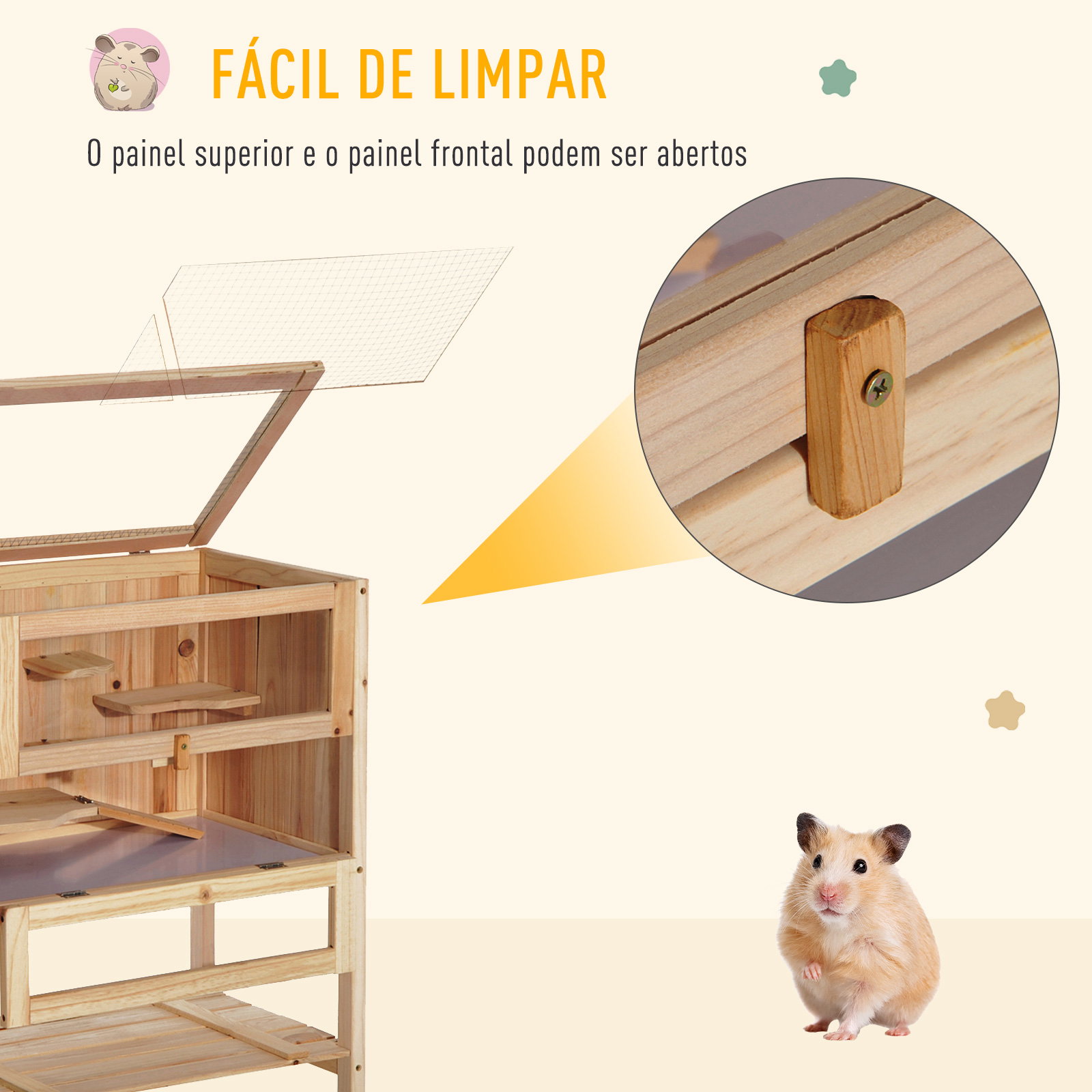 Gaiola de Madeira para Hamster com 5 Plataformas Rampa Dobrável Janela de Acrílico e Prateleira Inferior 60x40x80 cm Madeira Nat