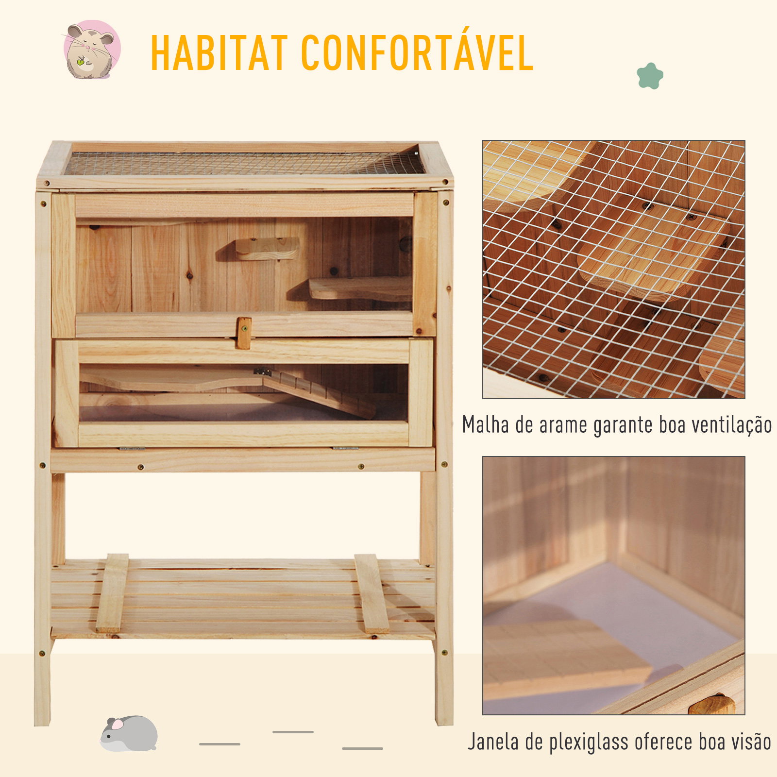 Gaiola de Madeira para Hamster com 5 Plataformas Rampa Dobrável Janela de Acrílico e Prateleira Inferior 60x40x80 cm Madeira Nat