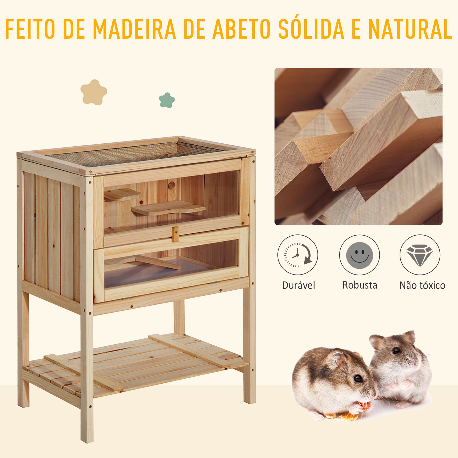Gaiola de Madeira para Hamster com 5 Plataformas Rampa Dobrável Janela de Acrílico e Prateleira Inferior 60x40x80 cm Madeira Nat