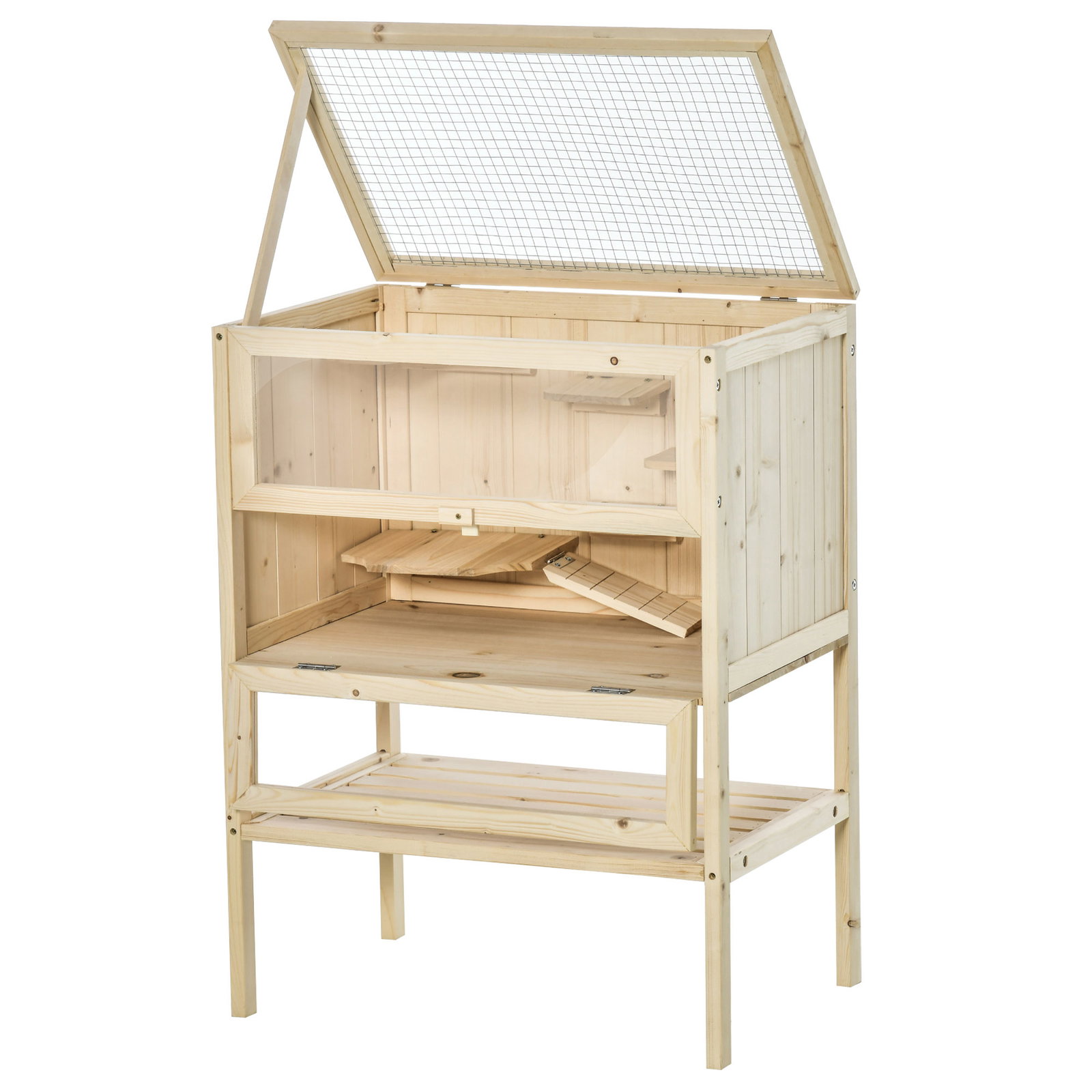 Gaiola de Madeira para Hamster com 5 Plataformas Rampa Dobrável Janela de Acrílico e Prateleira Inferior 60x40x80 cm Madeira Nat