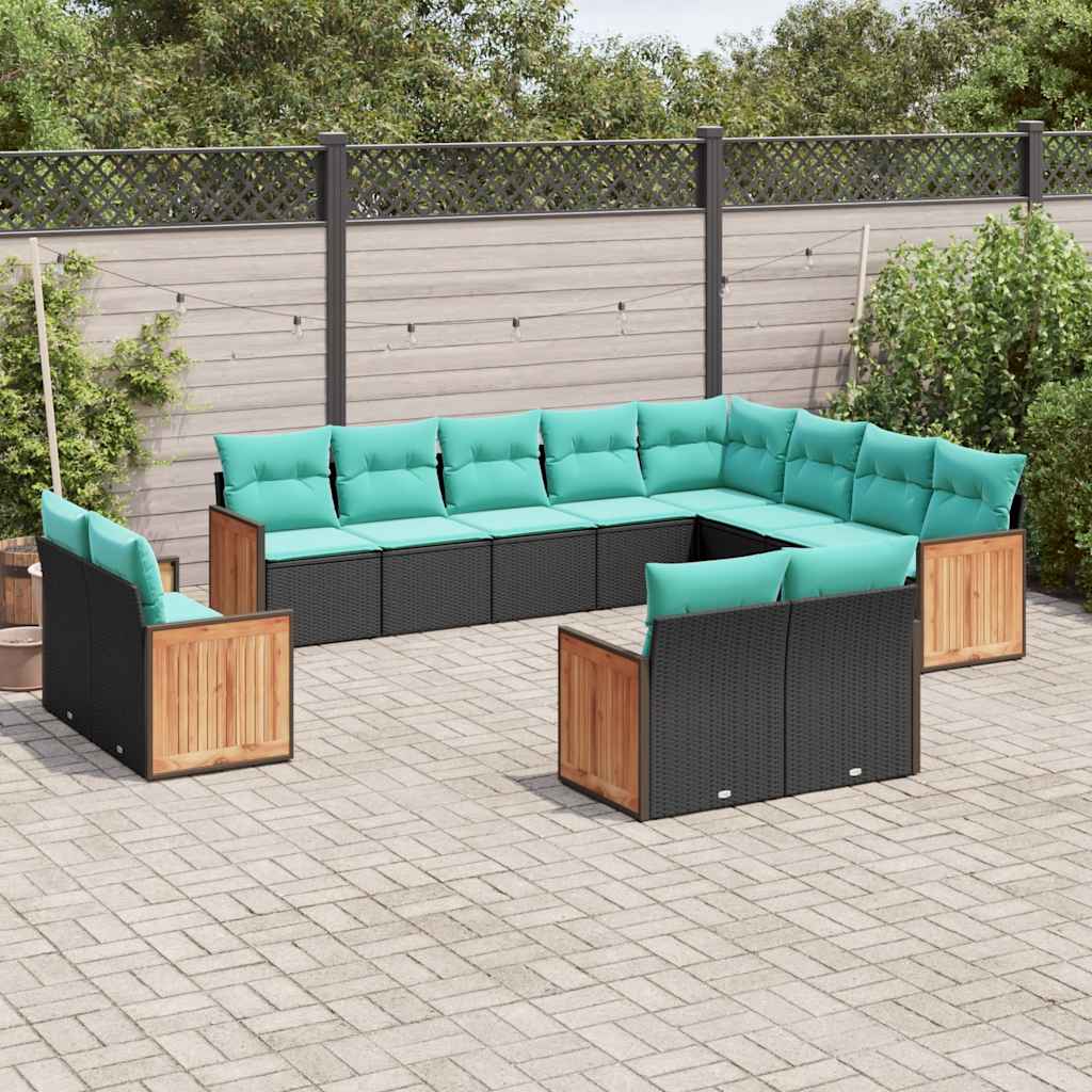 Conjunto de sofá de jardim com 12 peças e almofadas em rattan sintético preto