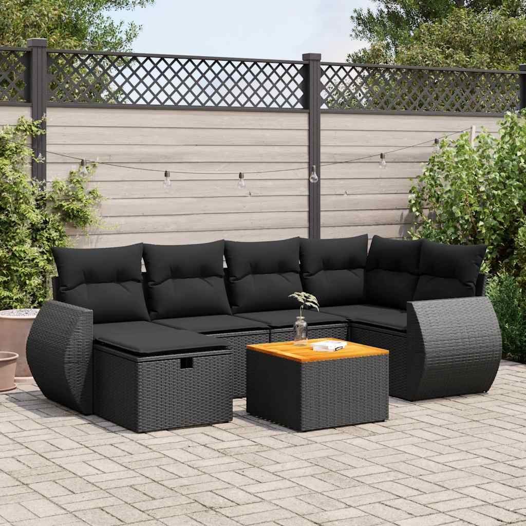 7 Pcs conjunto de sofás p/ jardim c/ almofadões vime PE preto