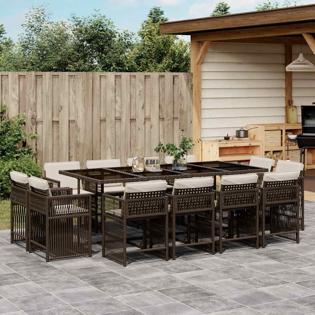 13 Pcs conjunto jantar p/ jardim c/ almofadões vime PE castanho