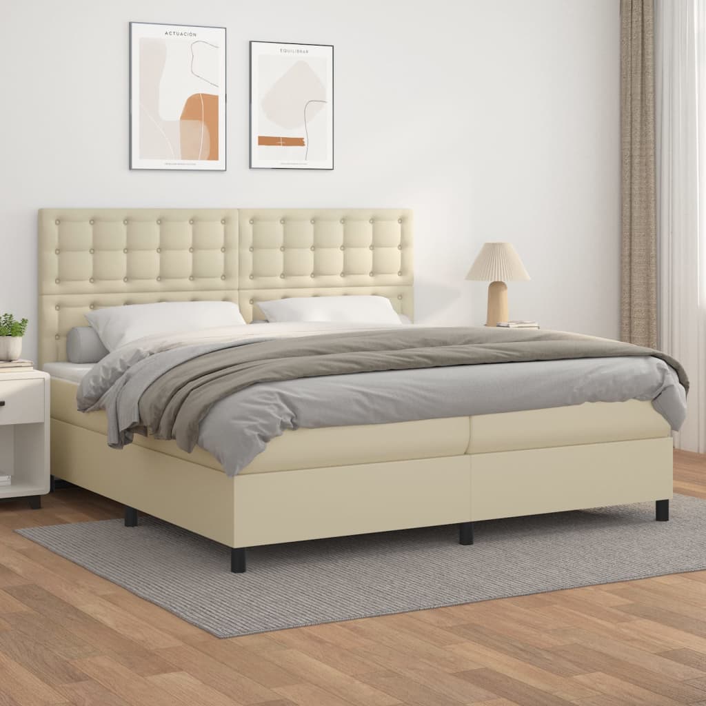 Cama com molas/colchão 200x200 cm couro artificial cor creme