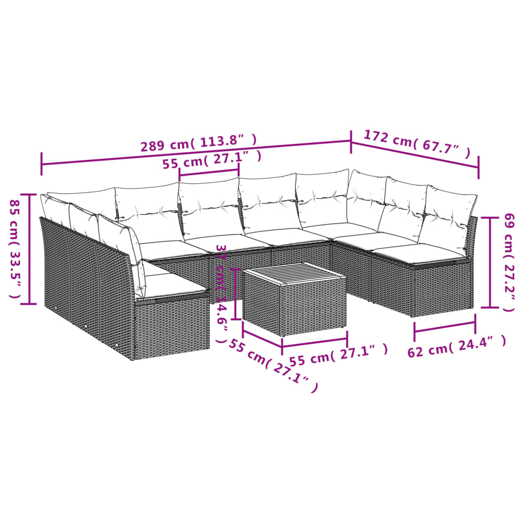 10 Pcs conjunto sofás de jardim c/ almofadões vime PE preto