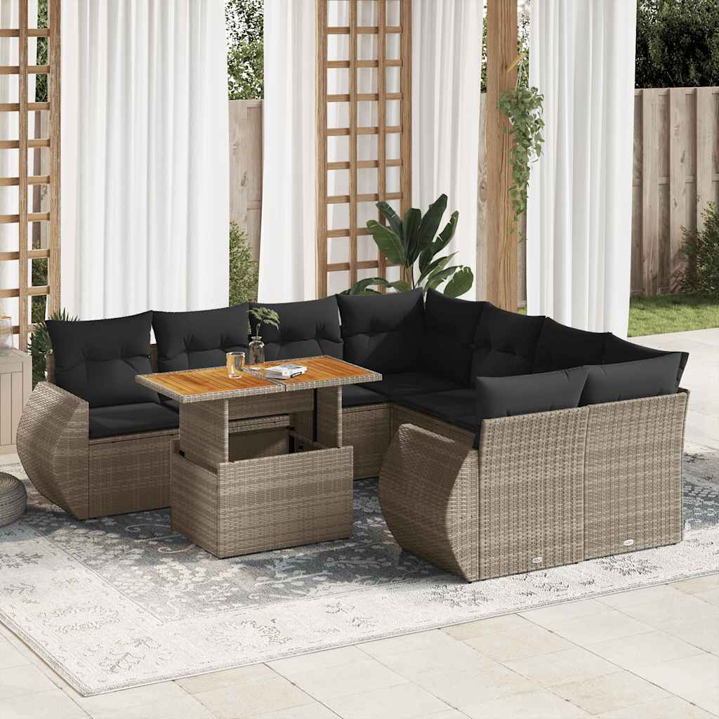 9 Pcs conjunto sofás p/ jardim com almofadões vime PE cinzento