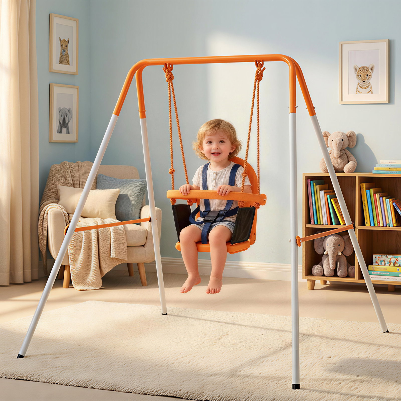 Baloiço infantil de aço para crianças dos 6 aos 36 meses com encosto alto e arnês de segurança 122x146x122 cm laranja