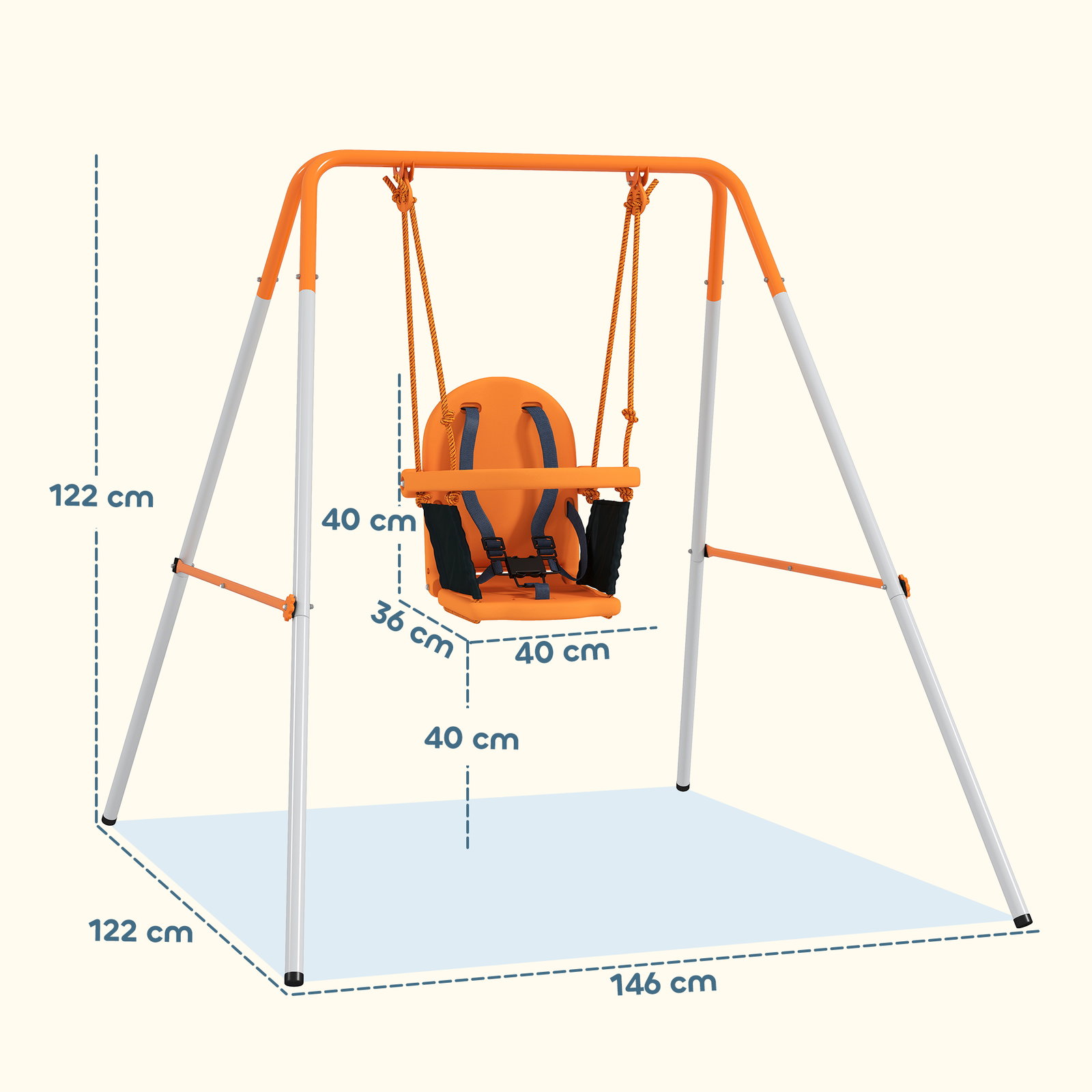 Baloiço infantil de aço para crianças dos 6 aos 36 meses com encosto alto e arnês de segurança 122x146x122 cm laranja
