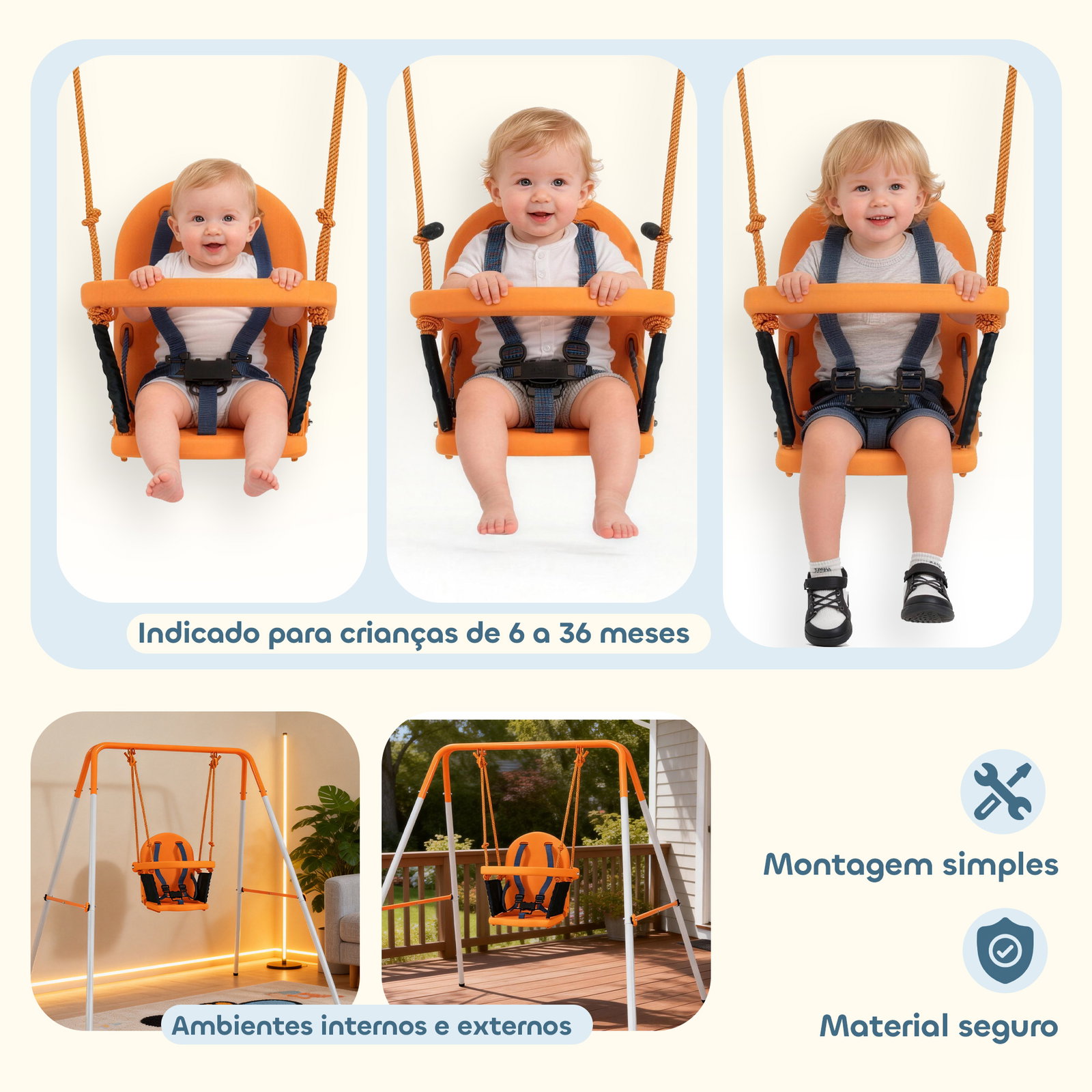 Baloiço infantil de aço para crianças dos 6 aos 36 meses com encosto alto e arnês de segurança 122x146x122 cm laranja