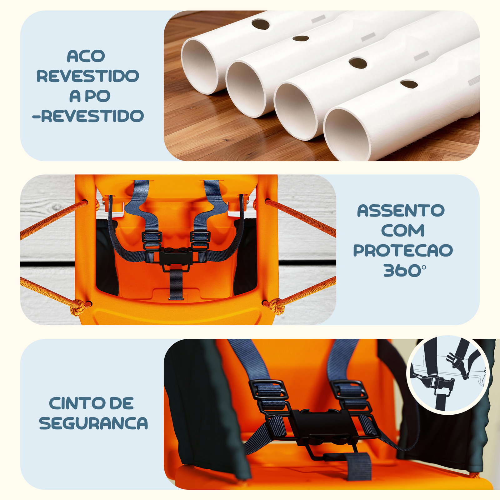 Baloiço infantil de aço para crianças dos 6 aos 36 meses com encosto alto e arnês de segurança 122x146x122 cm laranja