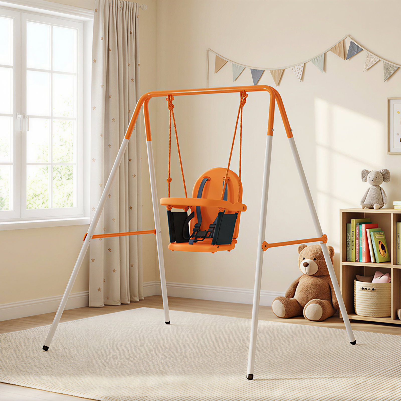 Baloiço infantil de aço para crianças dos 6 aos 36 meses com encosto alto e arnês de segurança 122x146x122 cm laranja