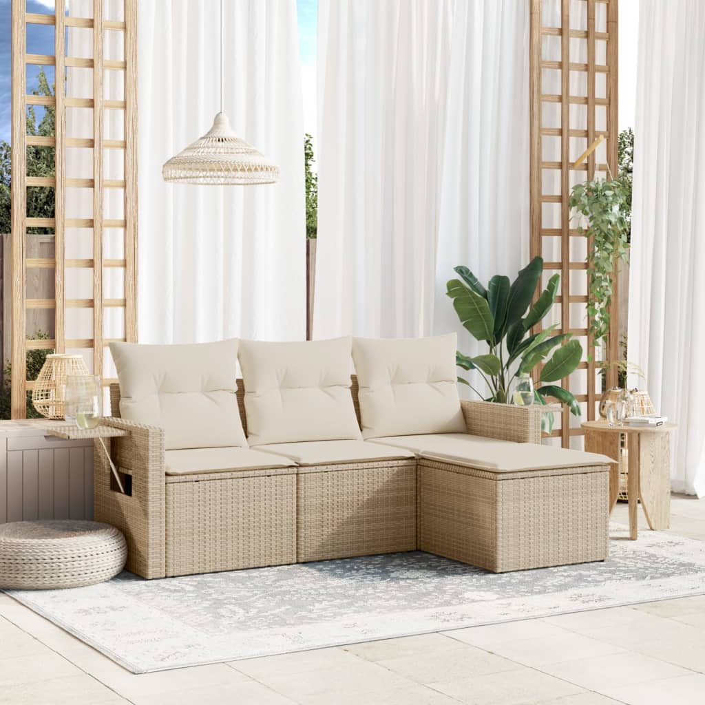 4 Pcs conjunto de sofás para jardim c/ almofadões vime PE bege