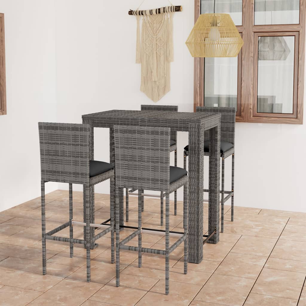 5 Pcs conjunto de bar p/ exterior + almofadões vime PE cinzento