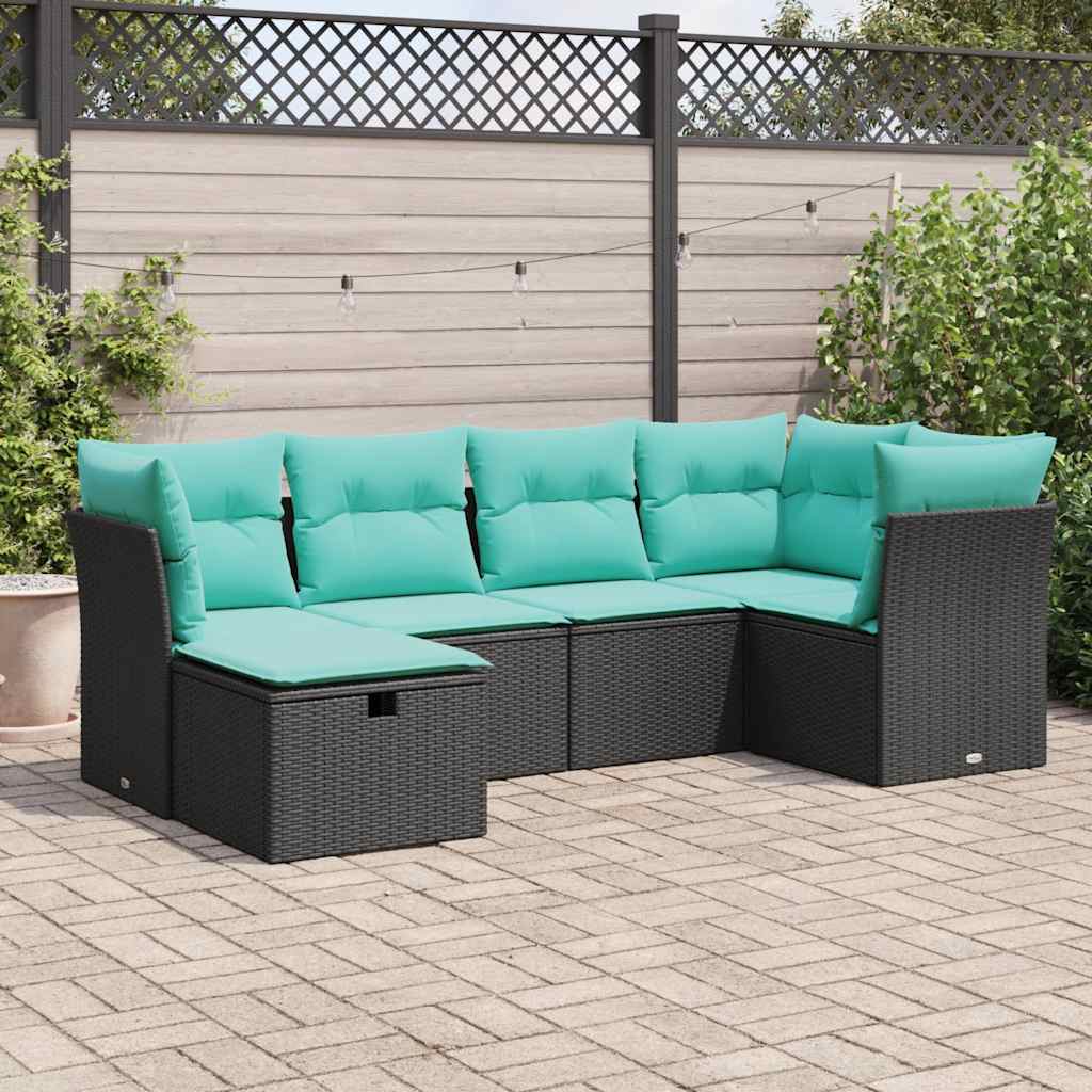 6 Pcs conjunto sofás de jardim c/ almofadões vime PE preto