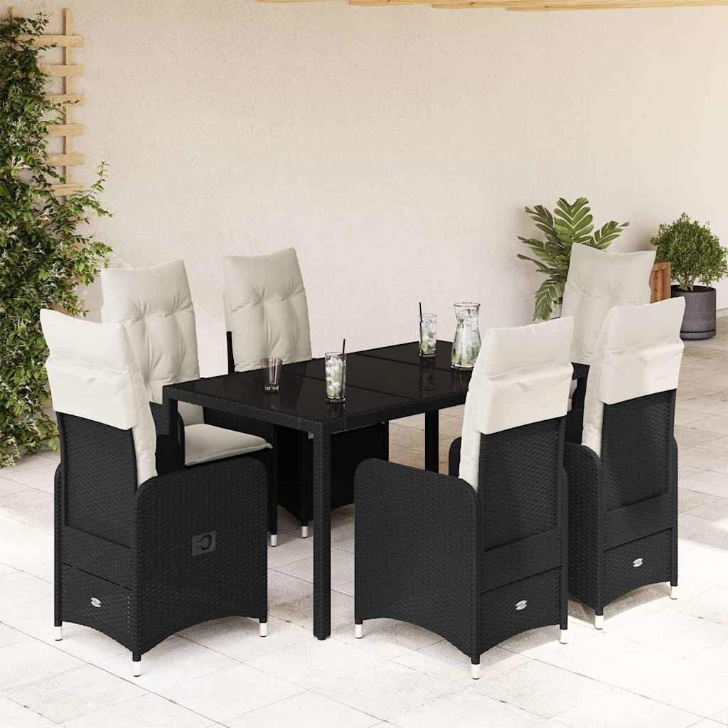 7 Pcs conjunto de bistrô p/ jardim c/ almofadões vime PE preto