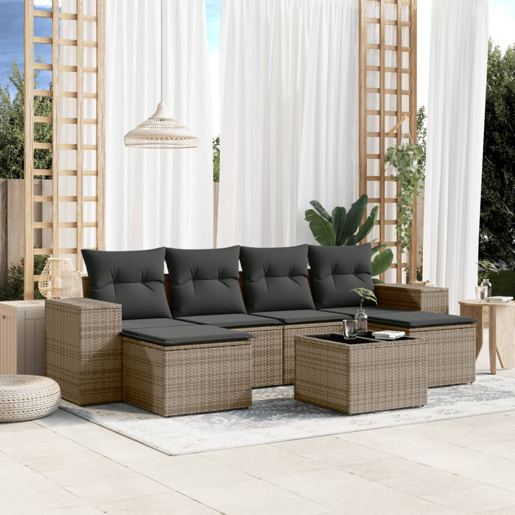 7 Pcs conjunto sofás p/ jardim c/ almofadões vime PE cinzento
