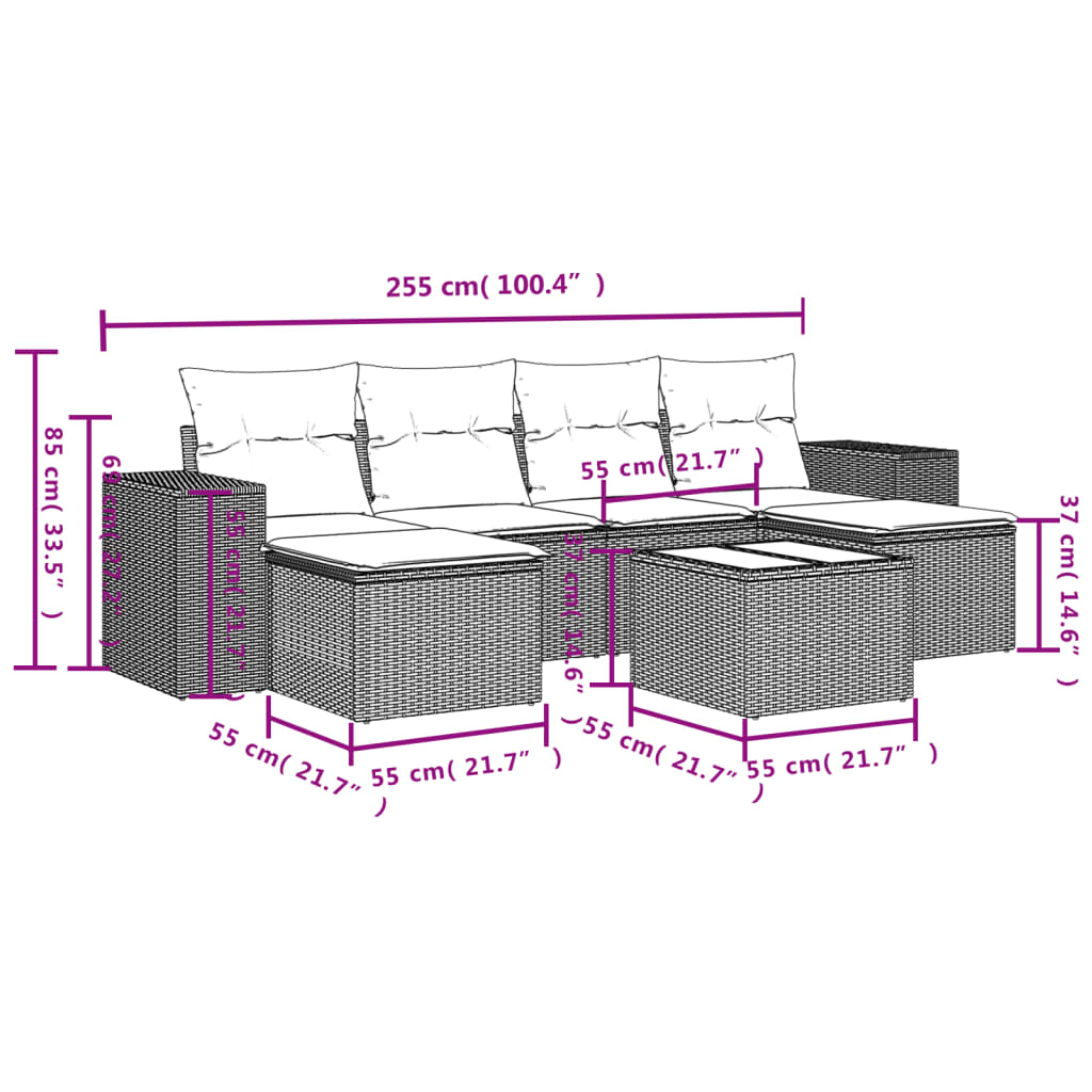 7 Pcs conjunto sofás p/ jardim c/ almofadões vime PE cinzento