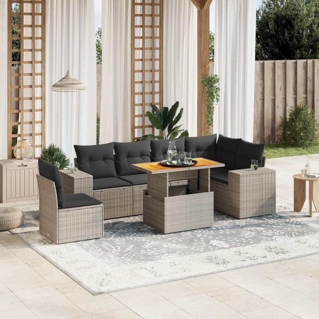 7 Pcs conjunto sofás p/ jardim c/ almofadões vime PE cinzento