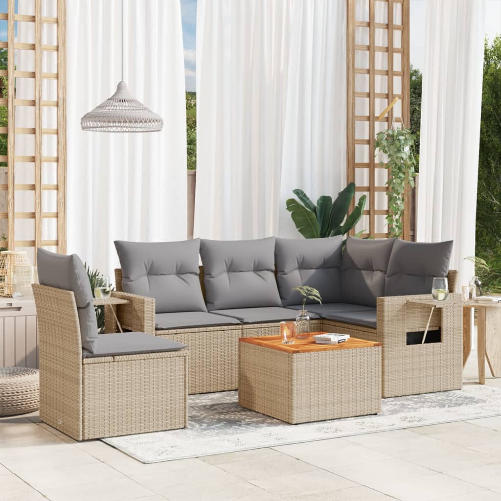 6 Pcs conj. sofás jardim c/ almofadões vime PE bege misturado