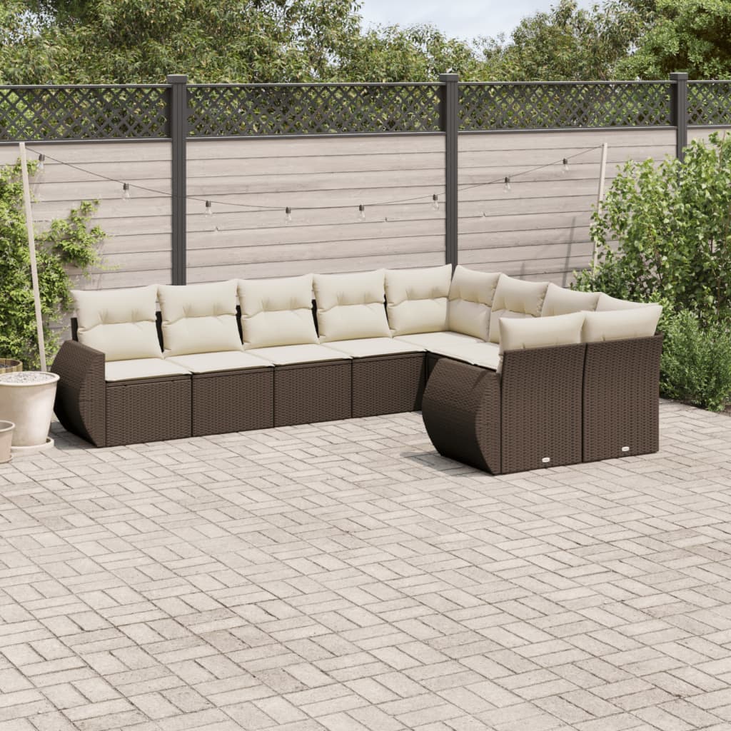9 Pcs conjunto sofás p/ jardim c/ almofadões vime PE castanho