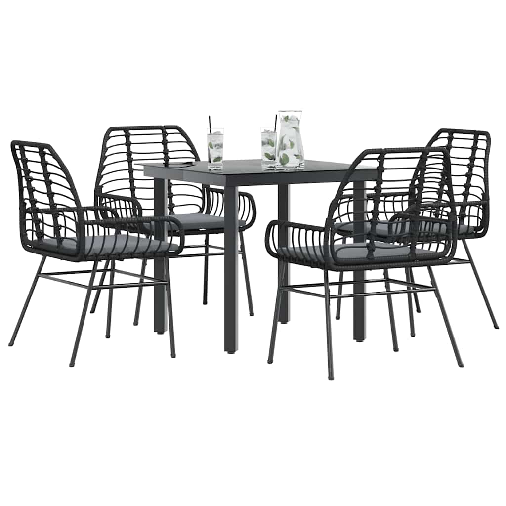 Conjunto de jantar jardim 5 peças almofadas vidro vime PE preto