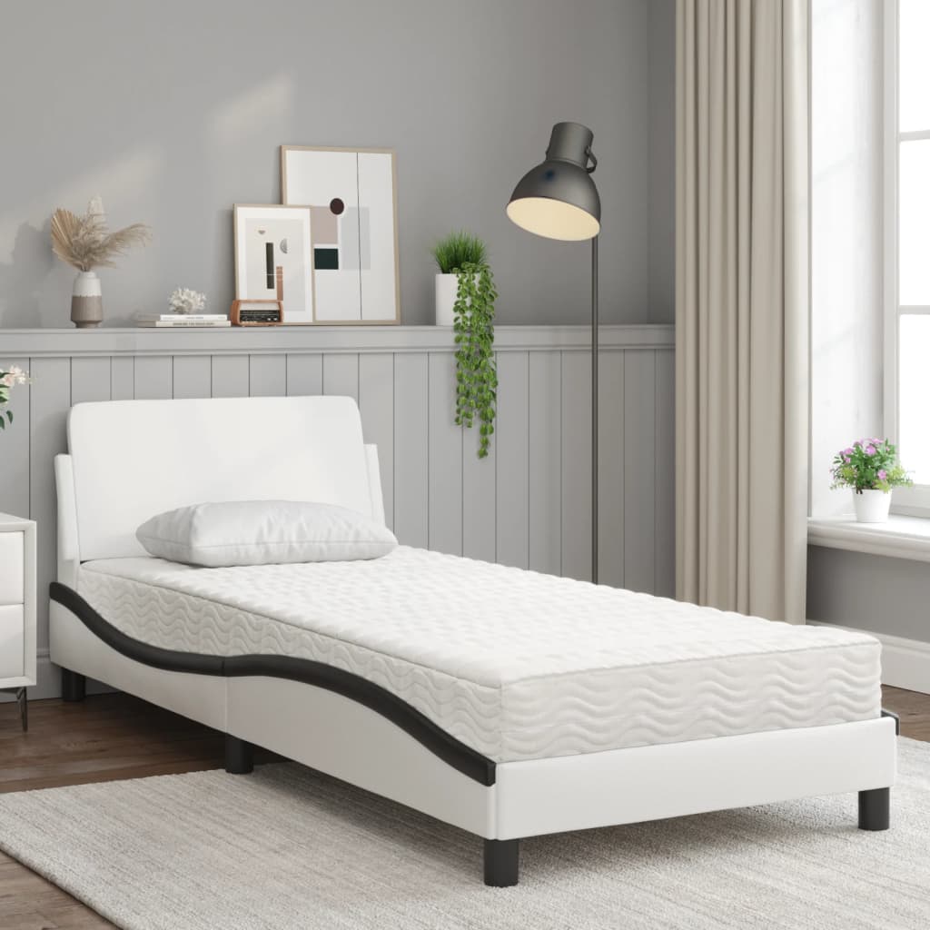 Cama com colchão dover 90x200 cm couro artificial branco e preto