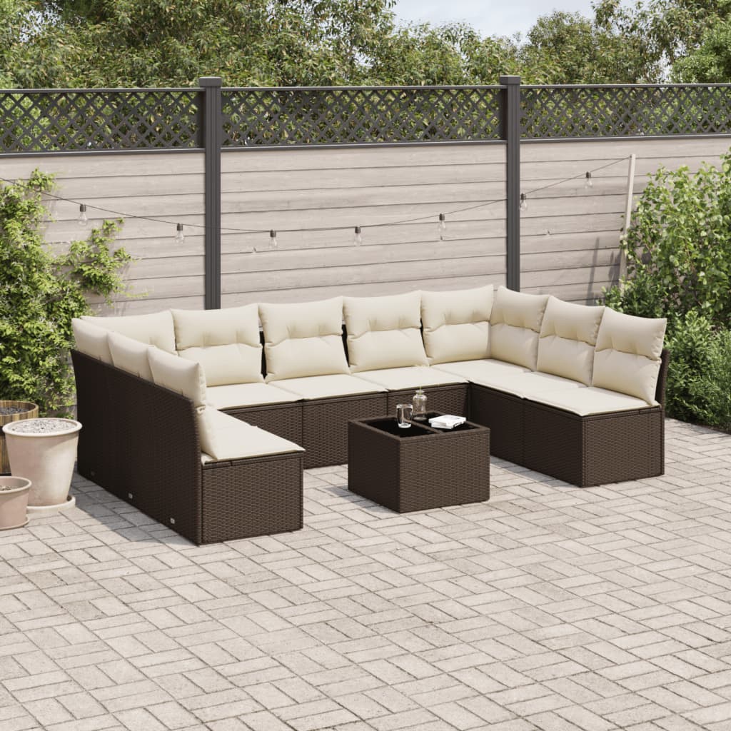 10 Pcs conj. sofás jardim com almofadões vime PE castanho