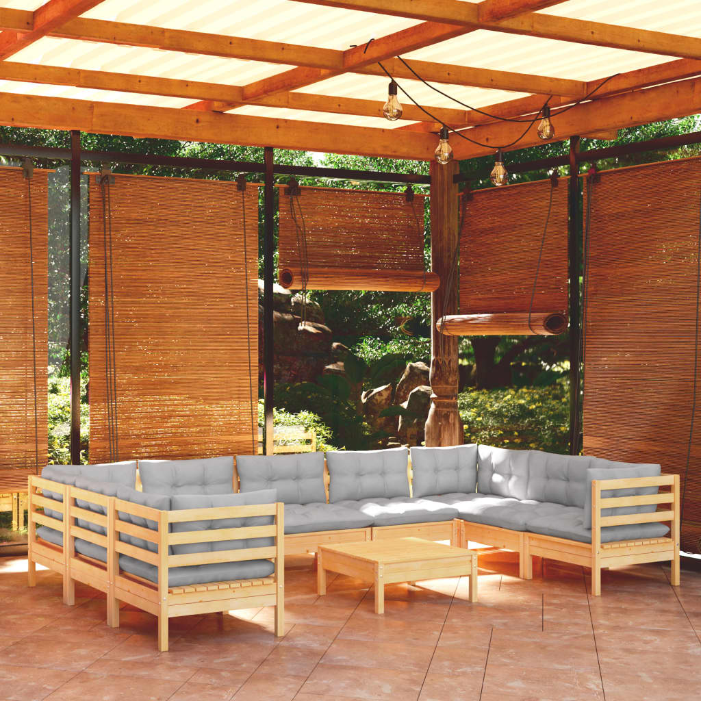 10 Pcs conjunto lounge de jardim c/ almofadões cinza pinho