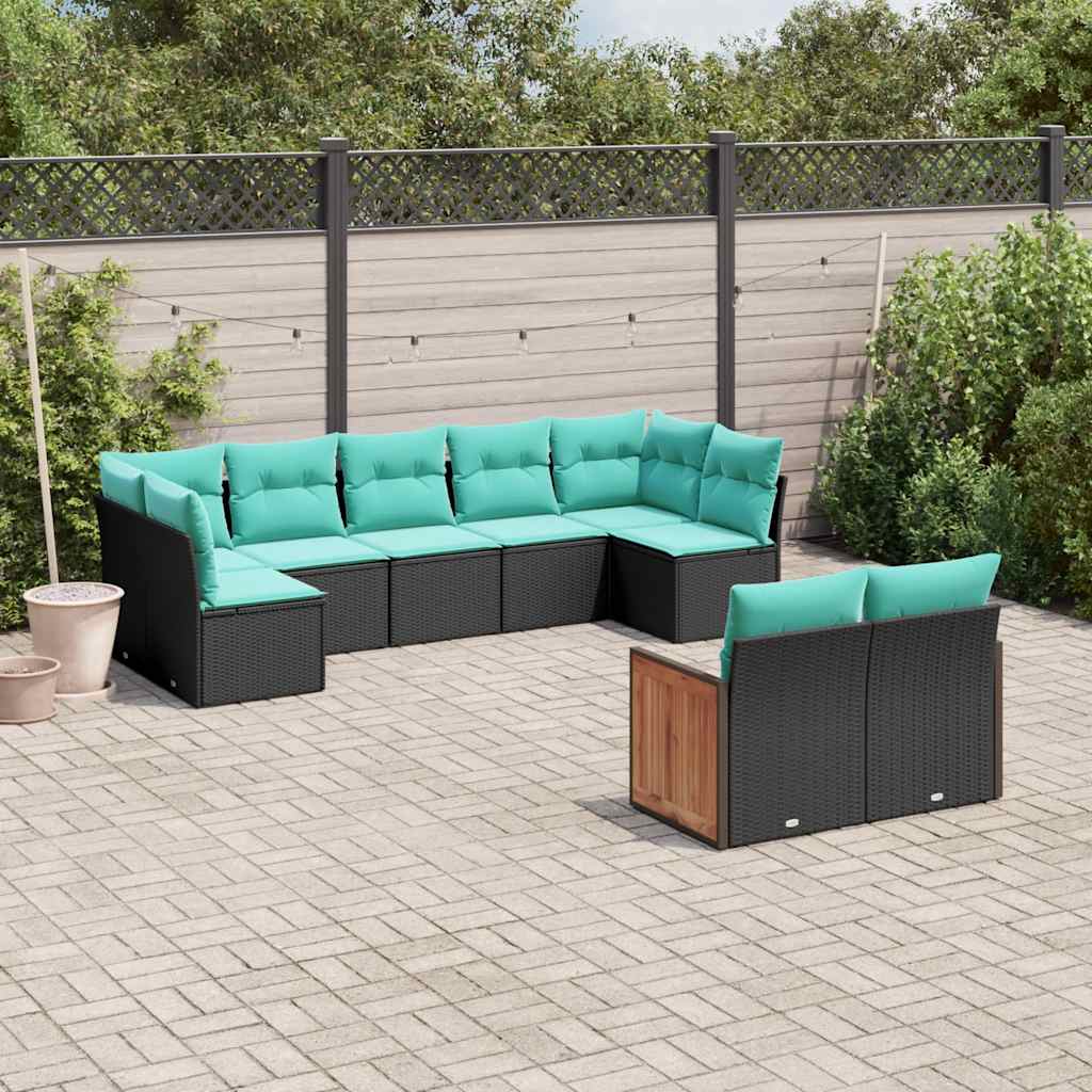 Conjunto de sofá de jardim de 9 peças com almofadas em rattan sintético preto