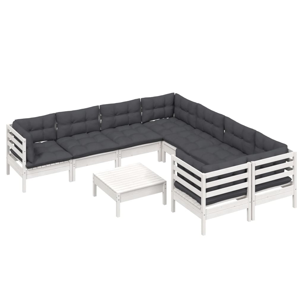 9 Pcs conjunto lounge de jardim c/ almofadões pinho branco