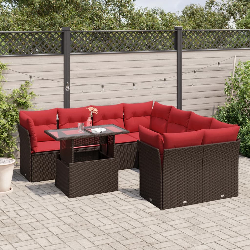 Conjunto de sofá de jardim com 9 peças e almofadas em rattan sintético marrom