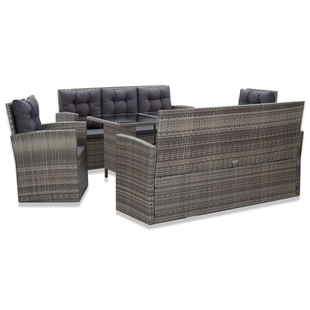 5 Pcs conjunto jantar exterior c/ almofadões vime PE cinzento