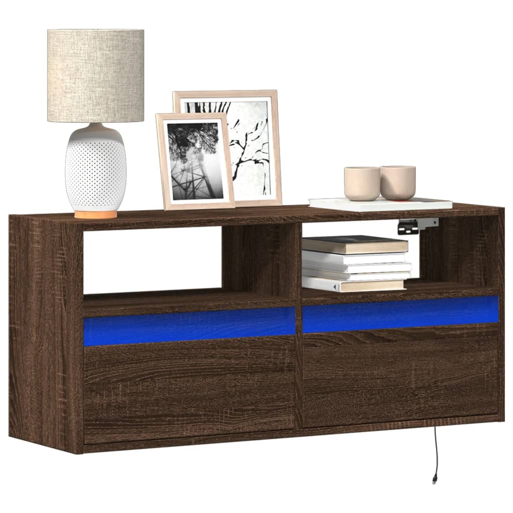 Móvel de parede p/ TV luzes LED 100x31x45 cm carvalho castanho