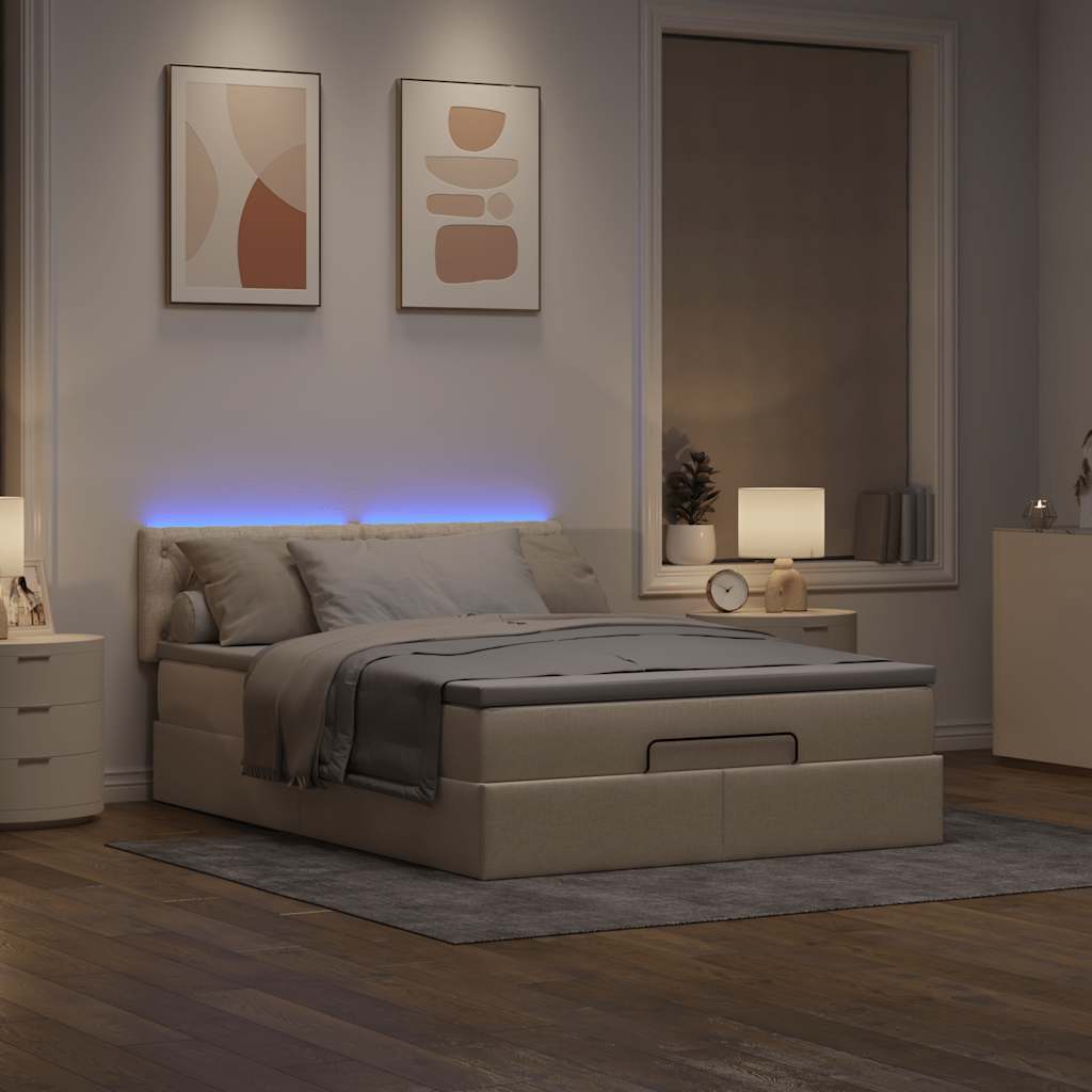 Cama otomana com colchão & leds creme 140x190cm tecido