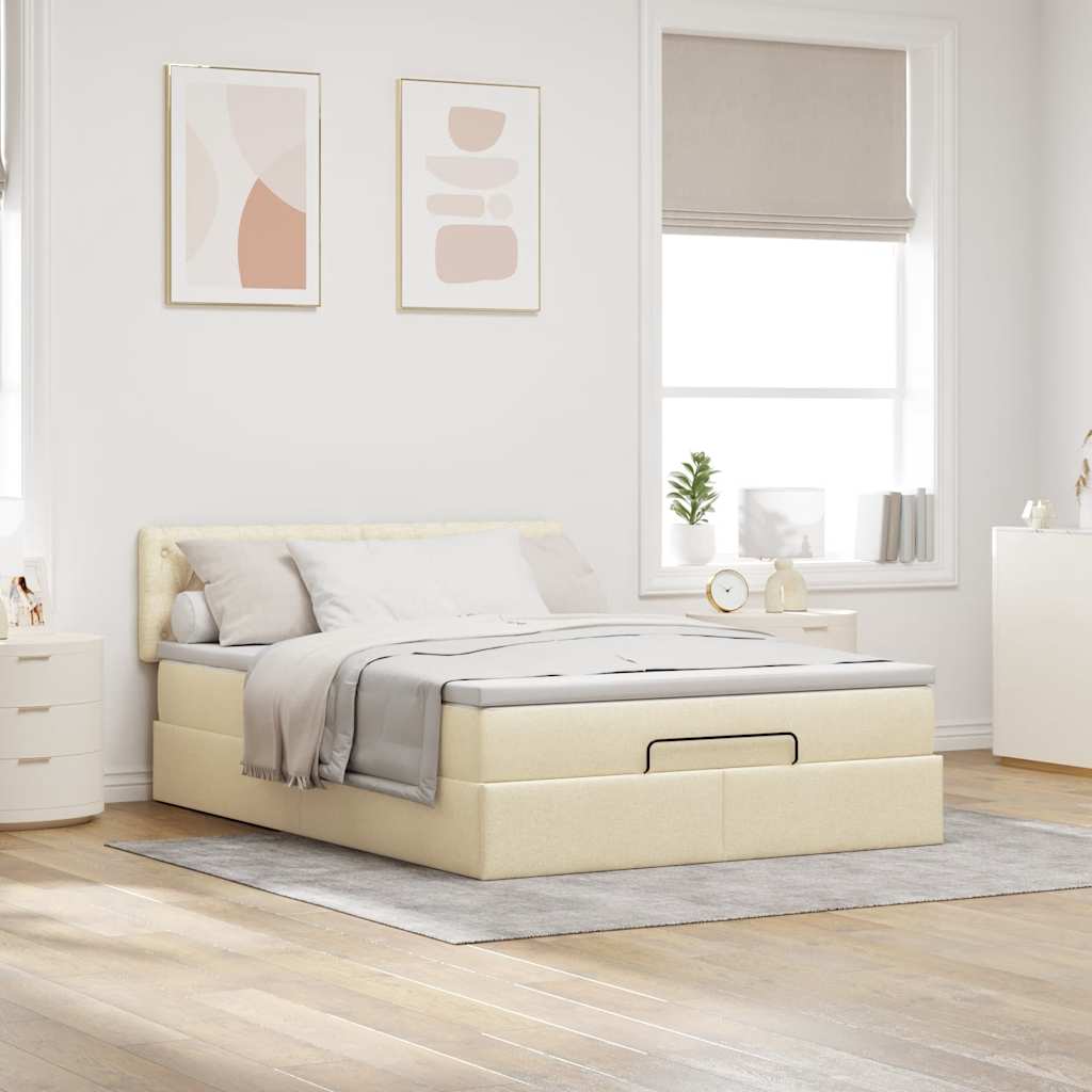 Cama otomana com colchão & leds creme 140x190cm tecido
