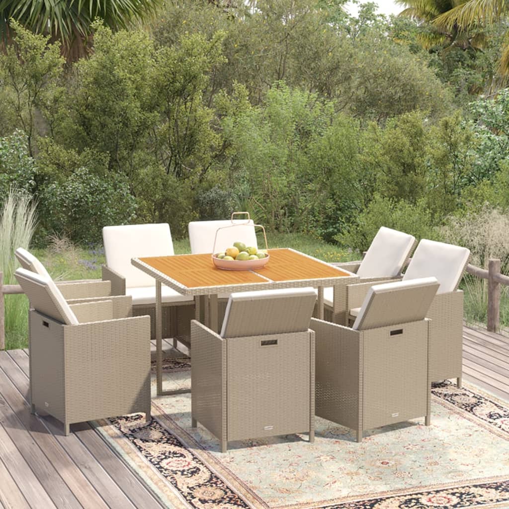 9 Pcs conjunto de jantar p/ jardim com almofadões vime PE bege