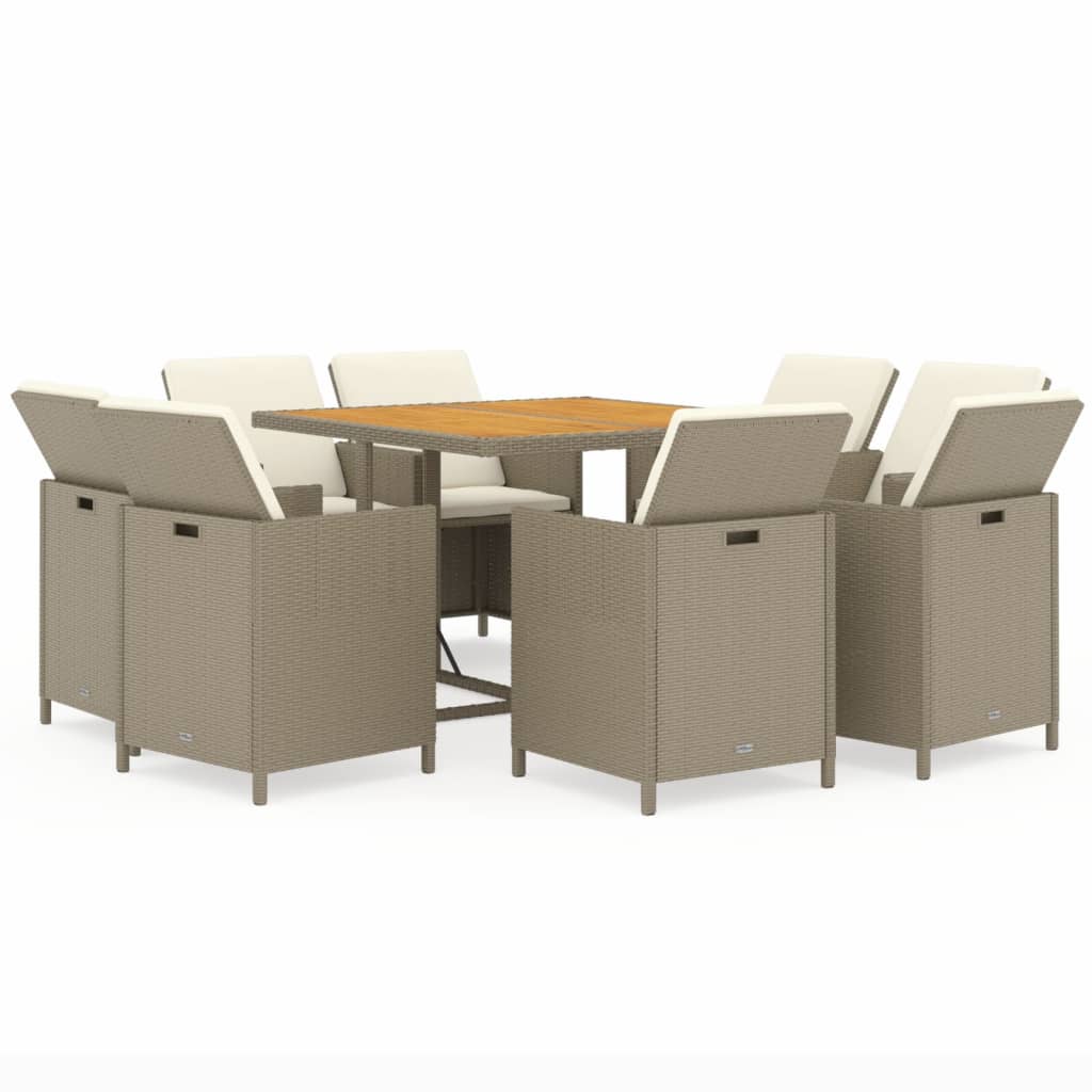 9 Pcs conjunto de jantar p/ jardim com almofadões vime PE bege