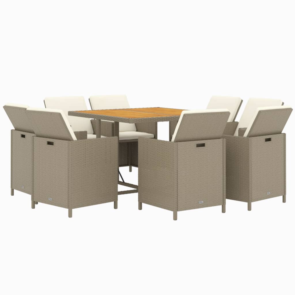 9 Pcs conjunto de jantar p/ jardim com almofadões vime PE bege